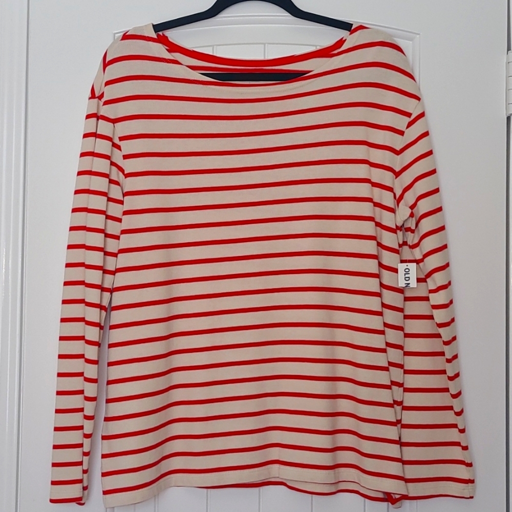 Old Navy Red and Cream Stripe Top Large